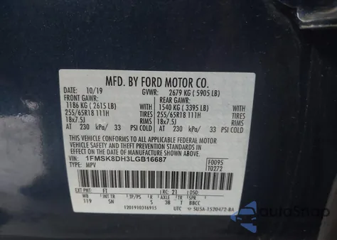 2020 Ford Explorer Xlt из США, поврежденный, VIN 1FMSK8DH3LGB16687